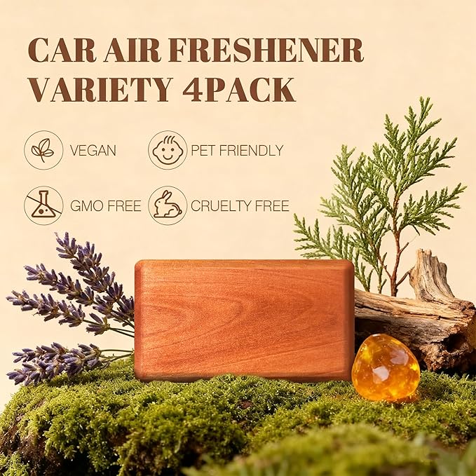 Car Air Freshener Starter Kit - Wood Air Freshener - Car Odor Eliminator for Visor Clip - Long Lasting - Variety Scent Refill - CLIP INCLUDED (Amber/Teak/Lavender/Frosted Spruce)
