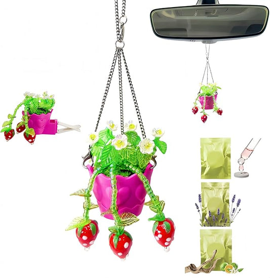 Car Air Freshener Hanging & Vent Clip - Handmade Car Fragrance with Floral Pot Design, Car Scent for Rear View Mirror Accessories, Automotive Air Fresheners That Make Car Smell Good(strawberry)