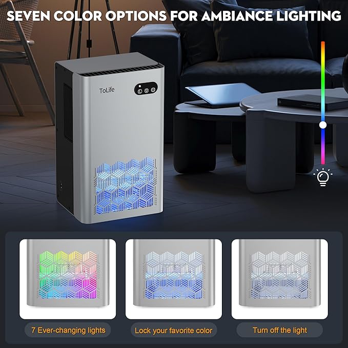 ToLife Dehumidifier for Home, 1000 sq.ft Dehumidifiers for Basement Bedroom Bathroom with 95 OZ Water Tank, Auto Shut Off 7 Colors LED Light, Silver