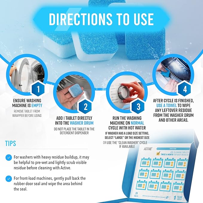 ACTIVE Washing Machine And Disposal Cleaning Tablets 48 Pack - Includes 12 Month Supply Garbage Disposer Freshener & Washing Machine Descaler Deep Cleaning Tablets - 48 Tablet Combo