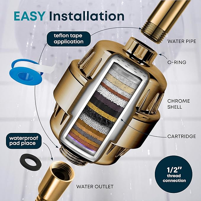 AquaHomeGroup 20 Stage Shower Filter - 2.5 GPM Universal Shower Head Filter for Chlorine and Heavy Metals - Vitamin C E Shower Water Filter for Hair and Skin (Golden)