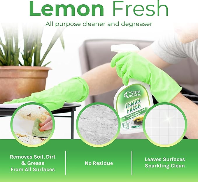 Hygea Natural Lemon Fresh All Purpose Cleaner - Chemical-Free Multi-Surface & Floor Cleaner - Removes Soil, Dirt & Grease - Wet Gloss Finish - Biodegradable, pH-Neutral & Ammonia Free (24oz Spray)