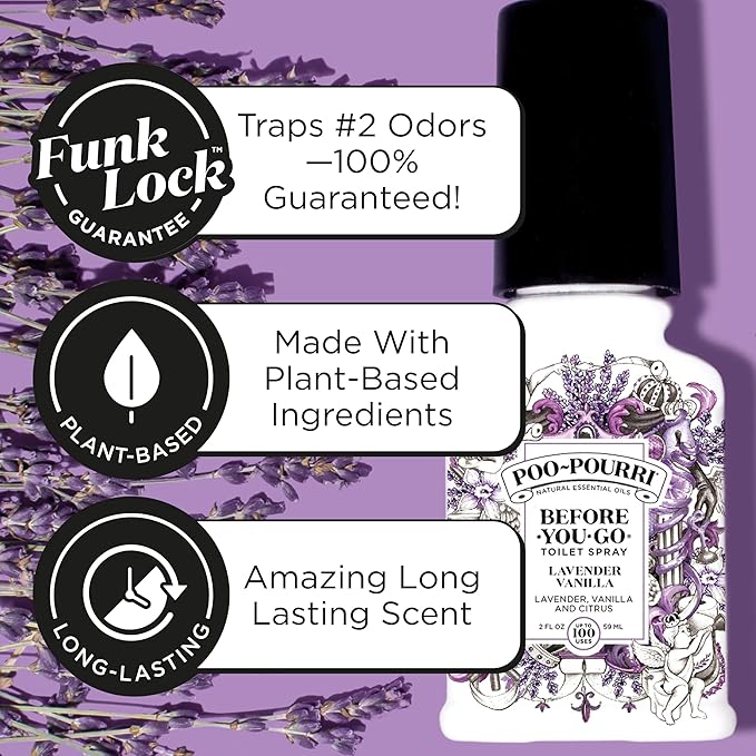 Poo-Pourri Before-You-Go Toilet Spray, Lavender Vanilla, 4 Fl Oz, Up to 200 Uses, Bathroom Odor Deodorizer, Plant-Based with Essential Oils, for Home or Work, Lavender, Vanilla and Citrus Scent