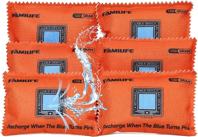 FAMILIFE 100g Rechargeable Desiccant Packs for Storage, Reusable Dehumidifier Bags Color Indicating Silica Gel Packets Portable Moisture Absorbers for Storage Bins, Car, Closet, Gun Safe, Electronics