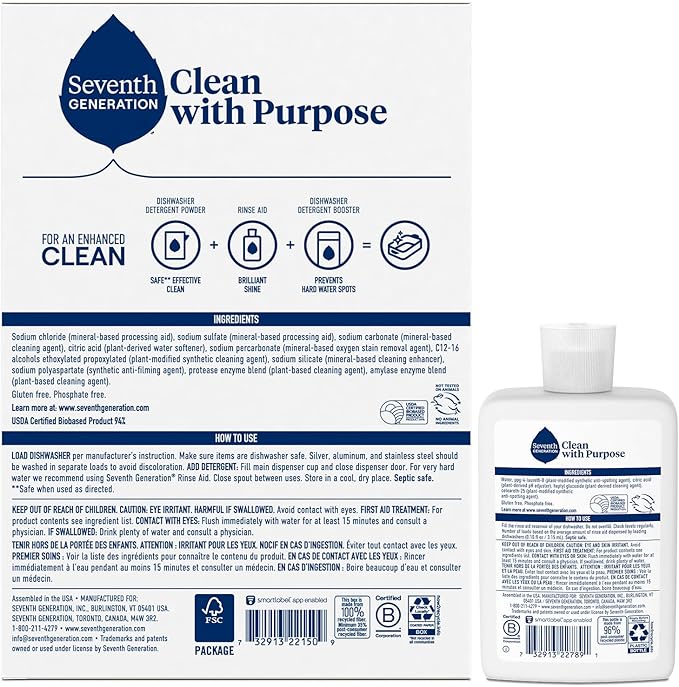 Seventh Generation Dishwasher Detergent Powder 2-Pack + Rinse Aid, Free & Clear, Biodegradable, Plant-Based & Fragrance-Free, Septic Safe