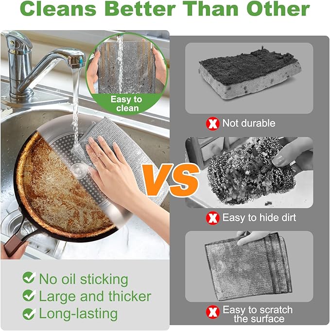 10 Counts Multipurpose Wire Dishwashing Rag,Non Scratch Wire Dishcloth for Washing Dishes,Microfiber Miracle Cleaning Cloth with Mesh,Dual-Sided Steel Mesh Cloth for Pot,Metal Scrubber,Grey