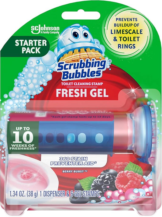 Scrubbing Bubbles Fresh Gel Toilet Bowl Cleaning Stamps, Helps Keep Toilet Clean and Helps Prevent Limescale & Rings, Berry Burst Scent, 1 Dispenser with 6 Fresh Gel Stamps