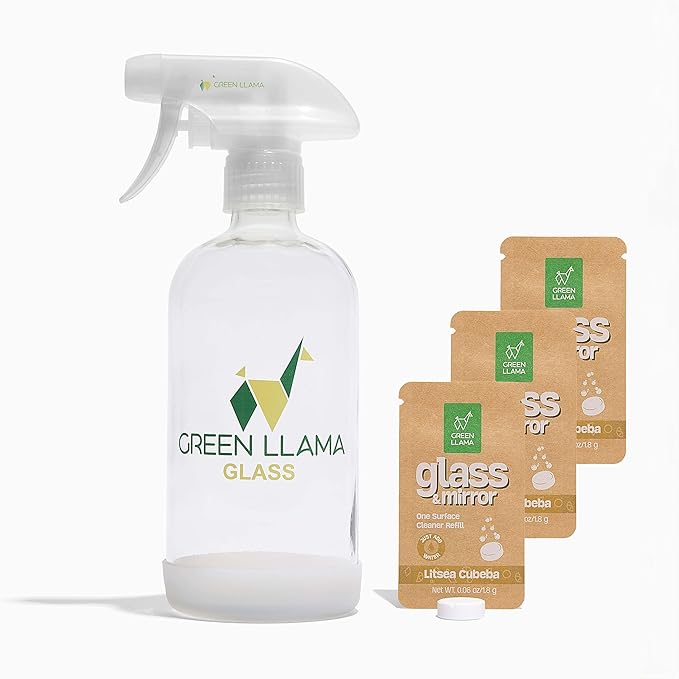 Green Llama Eco-Friendly Glass and mirror Cleaning Spray | 16oz Glass Bottle, 3 Refill Tablets, Listea Cubeba Scent - Natural, Sustainable, Safe for Home Surfaces | Ideal for Eco-Shoppers