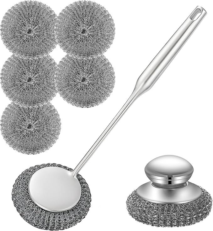Heavy Duty Stainless Steel Scrubber Set - Long & Short Handle with 5 Steel Wool Pads, Cast Iron & Pot Scrubber for Dishes, Pans, Grills, Stoves