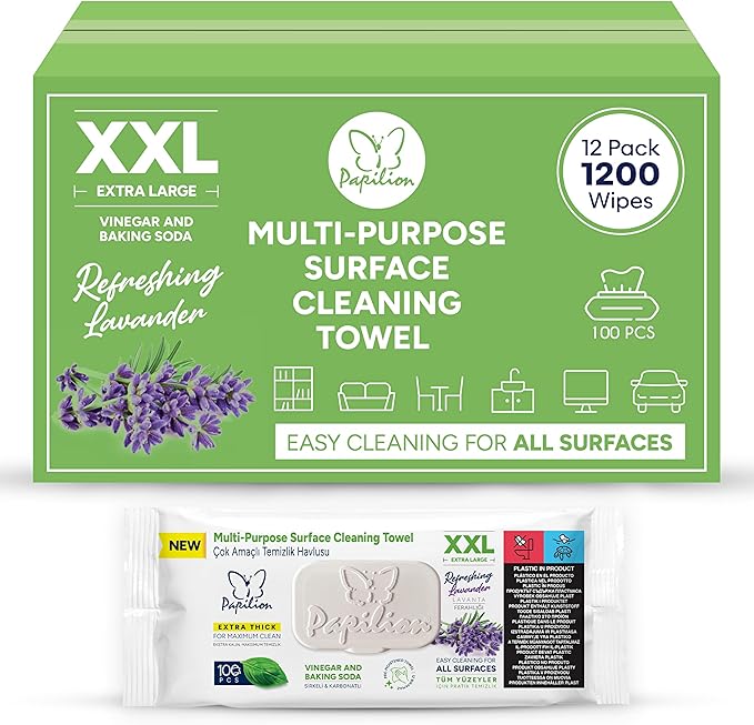 PAPILION Multi-Surface Cleaning Wipes, Lavender Scent, Removes Dirt & Stains, Paraben & SLS-Free, Surface-Safe Formula for Everyday Home, Kitchen & Office Cleaning, Flip-Top Pack, 1200 Count