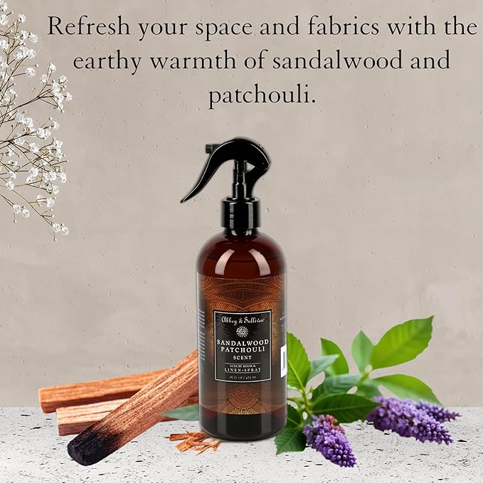 Abbey & Sullivan Linen Spray, Sandalwood & Patchouli, Warm and Earthy Odor Eliminating Scent, Pack of 2, 16 oz