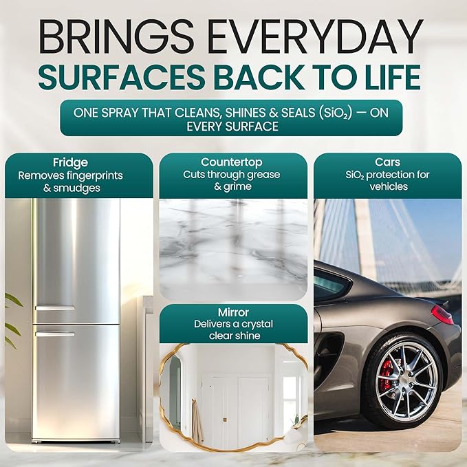 “SiO₂ Multi‑Surface Cleaner Spray for Home Cleaning – Streak‑Free Stainless Steel, Glass, Tile & Countertop Shine and Protectant – Premium All‑Purpose Cleaning Formula for Kitchens, Bathrooms