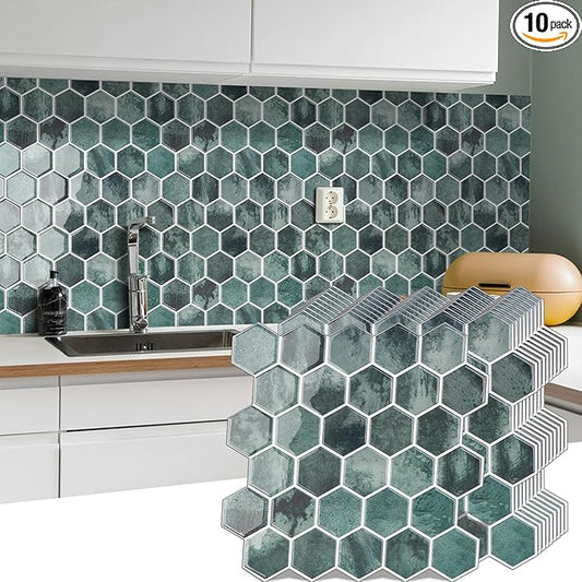 10-Sheet Hexagon Peel and Stick Backsplash for Kitchen, New Upgrade Premium Extra Thicker Design 3D Self Adhesive Wall Tiles, Large Stick on Tiles for Kitchen and Bathroom (12" x 12")
