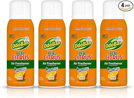 OdoBan Aroma Eliminator, 360-Degree Continuous Spray Natural Oil Real Citrus Air Freshener, Toilet Spray, 4-Pack, 10 Ounces Each, Orange Scent