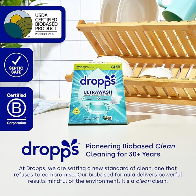Dropps UltraWash Dishwasher Detergent Pods, Lemon Citrus (32 Ct) - Cuts Grease & Stuck-On Food | Sparkling Dishes & Glasses | Residue-Free | Clean Ingredients | No Pre-Rinse | Plastic Free Packaging
