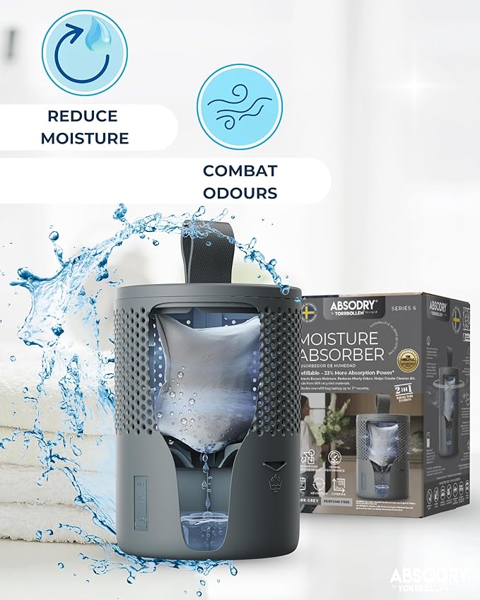 Absodry by Torrbollen Moisture Absorber 1.3lb Bag — Dehumidifier for Bedroom, Electricity & Battery Free Dehumidifiers for Home, Air Freshener and Purifier for Home Up to 90 Days, 269 ft² (Dark Grey)