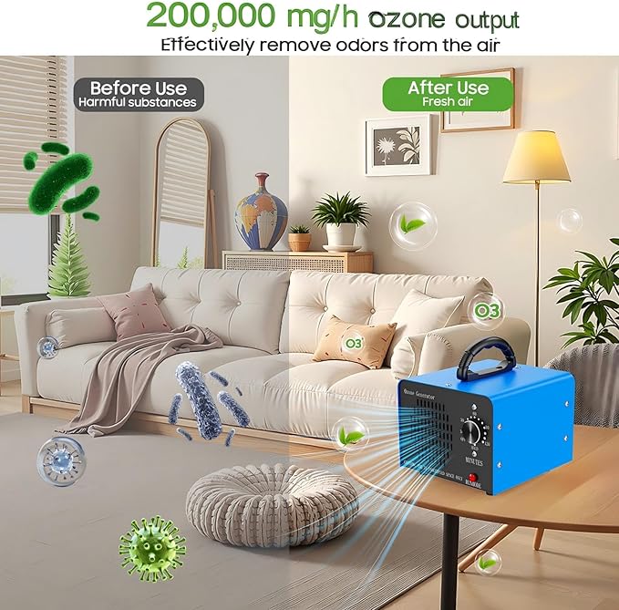 Ozone Generator Machine200,000mg/h, High Capacity Ozone Odor Eliminator Removal Air Purifier for Home Car Pet & Basement Odor, Suitable for Spaces up to 7,000 Square Feet, Blue