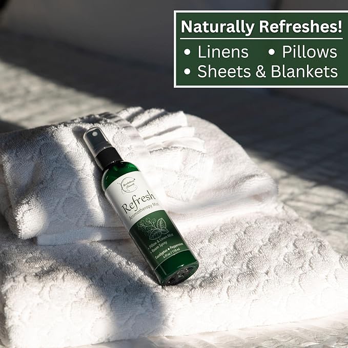Refresh Aromatherapy Room Spray & Pillow Mist. Peppermint & Eucalyptus Essential Oil Spray, Linen Mist, Natural Car Air Freshener Bathroom Freshener & Closet Deodorizer by Brookethorne Naturals