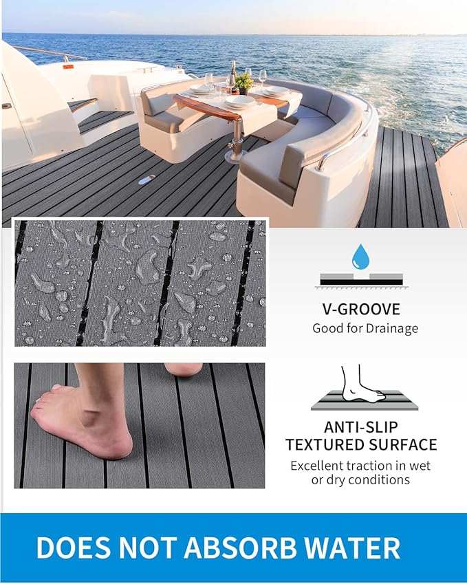OCEANBROAD EVA Foam Boat Flooring with 3M Adhesive Backing Marine Self-Adhesive Decking 96''x45.6''/36''/28.8''/16.8'', 48''x16.8'' Faux Teak Sheet for Jon Boats Swim Platform Helm Pad RV Floor