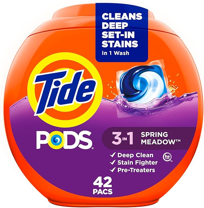 Tide PODS laundry detergent pacs, 3-in-1 Stain Remover, Odor Fighter, Color Protector, 42 Count, HE compatible, Spring Meadow Scent