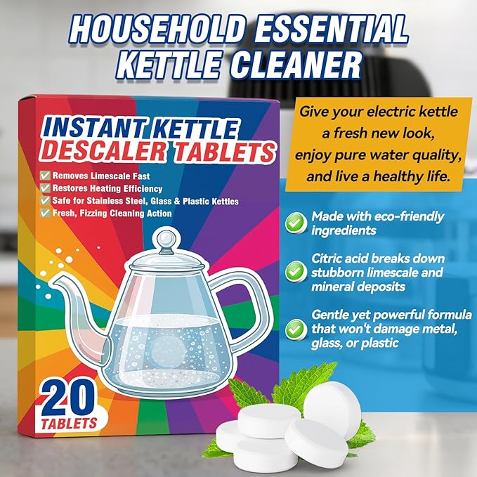 Kettle Descaler Tablet, 20 Packs Water Bottle Cleaning Tablets Removes Hard Water Buildup, Efficient Citric Acid for Kettles Cleaner, Limescale Remover Tablet for Coffee Machines, Garment Steamers
