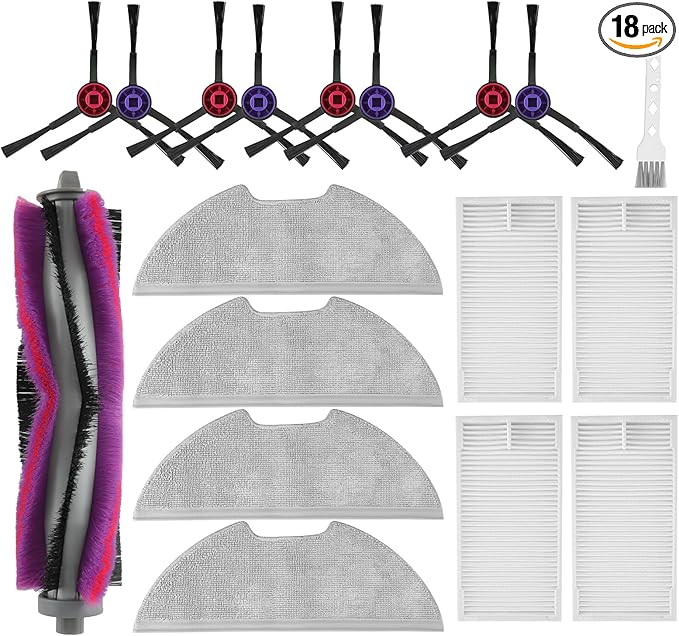 18 Pack E10s Accessories Kit Replacement Compatible with Eureka E10S / E20 Plus Robot Vacuum Cleaner, 1 Main Roller Brushes, 8 Side Brushes, 4 Hepa Filters, 4 Mop Pads,1 Cleaning Brush