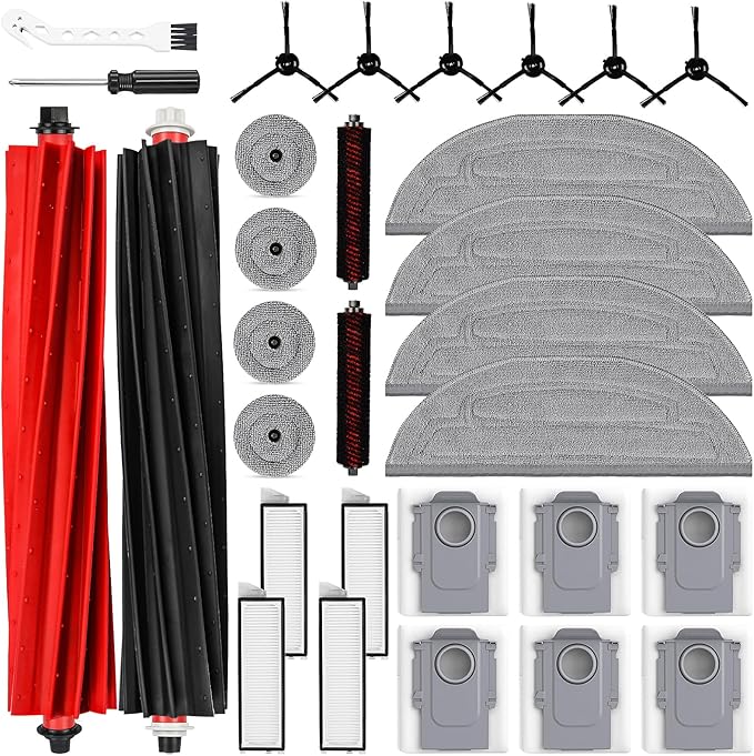 30 Pack Accessories Set for Roborock S8 Max/MaxV Ultra Robot Vacuum, 1 Pair Main Brushes, 2 Self-Cleaning Brush, 6 Side Brushes, 4 Filters, 4 Round Mop Pads, 4 Long Mop Pads, 6 Dust Bags, 2 Tools