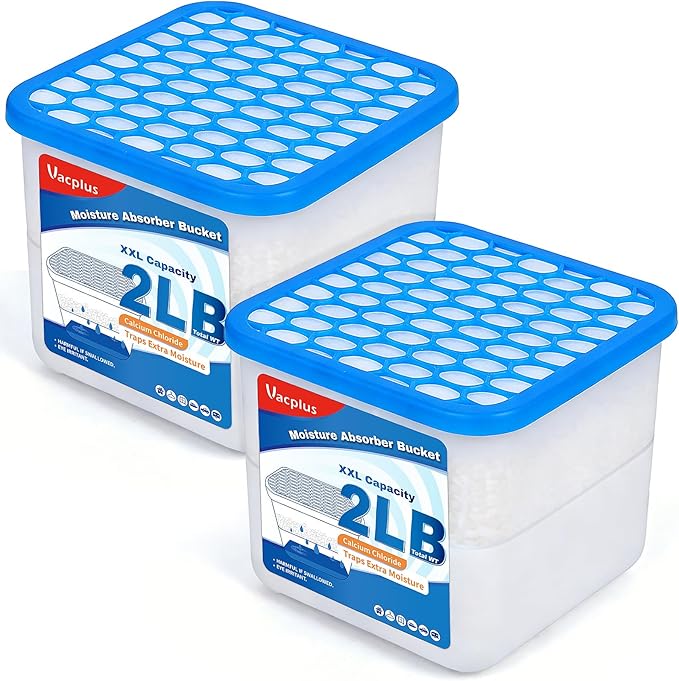 Vacplus 2LB Moisture Absorber Bucket - Large Capacity Moisture Absorber with Calcium Chloride Crystals, Effective Dehumidifier for Basement, Closet & Bathroom, 2 Packs