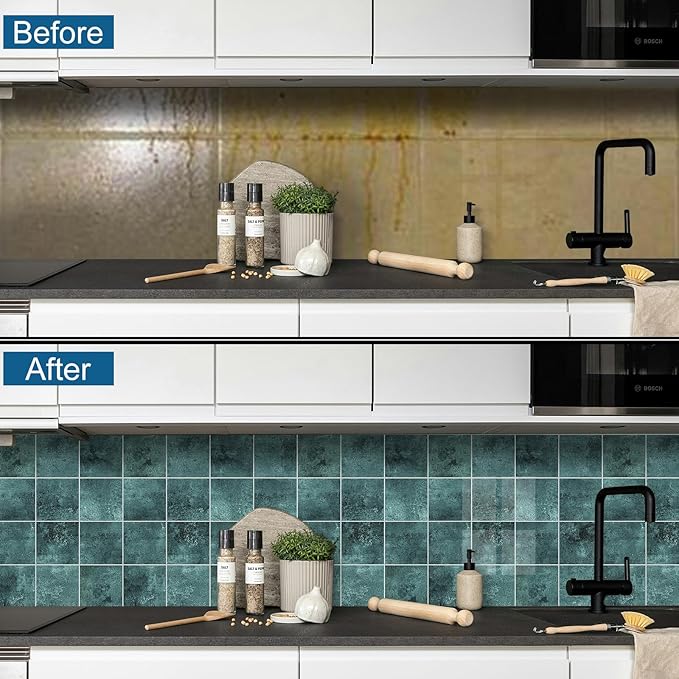 Peel and Stick Tiles for Kitchen Backsplash, New Upgrade Design 9" x9" SPC Square Marble Tiles, Marble Green Premium Mosaic Tiles(5-Sheet)