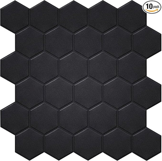 Matte Black Hexagon Peel and Stick Wall Tiles for Kitchen, Large Design 10-Sheet Stick on Backsplash for Bathroom, Kitchen, RV, etc竊?2''횞12''竊?
