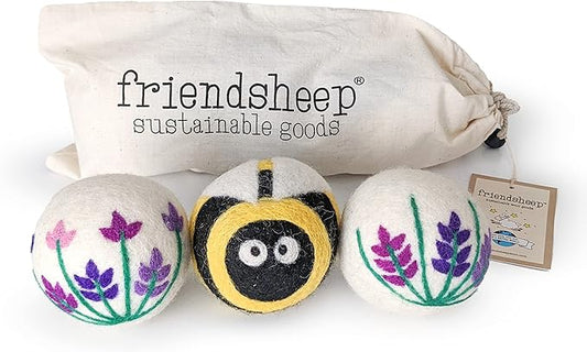 Friendsheep Wool Dryer Balls, Organic Reusable Fabric Softener Alternative for Laundry, Handmade, Fair Trade, Hypoallergenic, Eco-Friendly, Plastic-Free (3 Pack XL ??Lavender Fields Bee Flower)