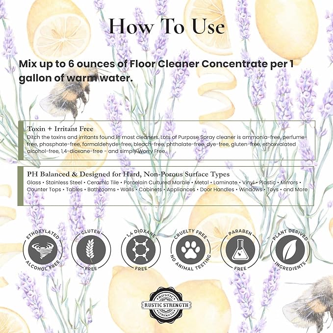 Rustic Strength Floor Cleaner Concentrate, Lavender and Lemon Scent, Plant-Based Multi-Purpose Cleaner, pH Neutral, 16 oz