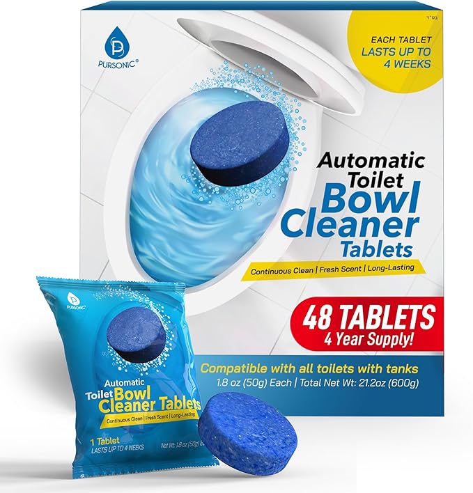Pursonic Automatic Toilet Bowl Cleaner 48 Tablets 4 Year Supply - Blue Gel Toilet Tank Cleaners, Long-Lasting - Septic-Safe Hard Water Ring Stain Remover, Smell Eliminator Deodorizer, Fresh Scent