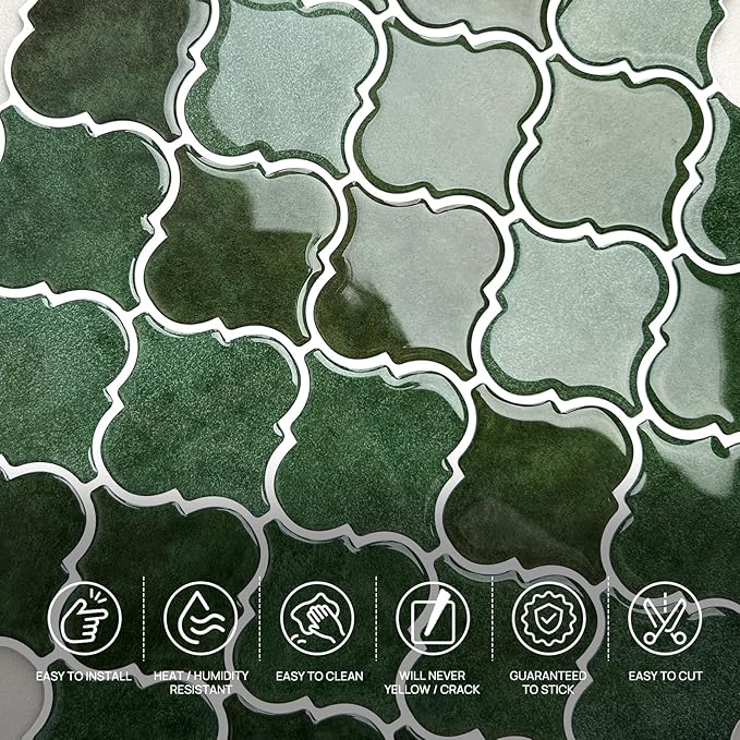 Arabesque Peel and Stick Backsplash for Kitchen, Thicker Design 3D Self Adhesive Wall Tiles, 12"x12" Adhesive Wall Backsplash, Green 10-Sheet Stick on Tile for Kitchen and Bathroom