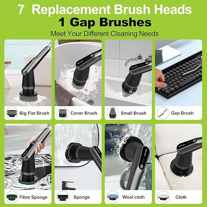 G2-Pro Electric Spin Scrubber - Upgraded 10-in-1 Scrubber Brush Electric, Retractable Handle & 2-Speed for Bathroom, Bathtub, Kitchen, Tile Floors(Gray Brush Head