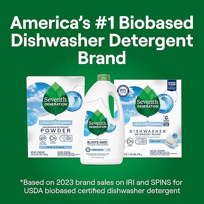 Seventh Generation Free & Clear Dishwasher Detergent Gel, 42 oz, 6 Pack, Targets Grease & Stuck-On Food For A Streak-Free Finish, Fragrance Free