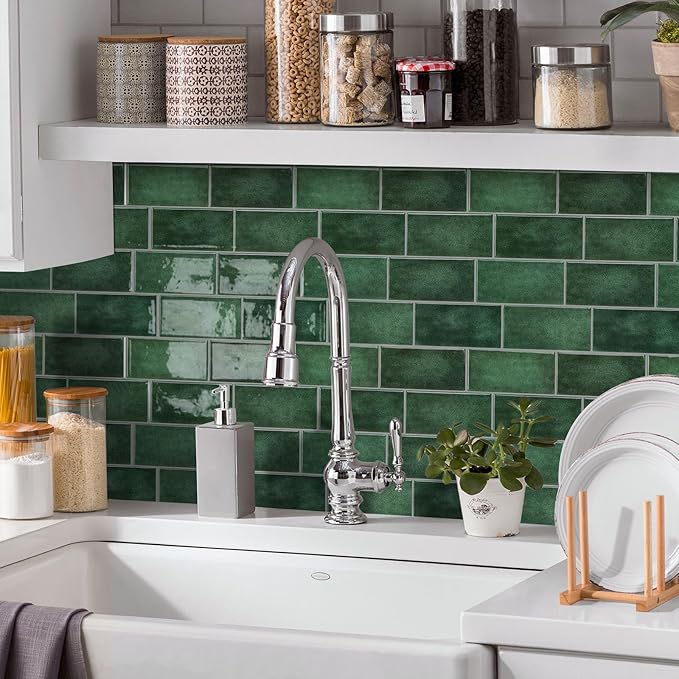 Subway Backsplash Tile Peel and Stick, Forest Green Self Adhesive Tiles for Kitchen, 10 Sheets Stick on Backsplash for Kitchen and Bathroom (11.56x8.38)
