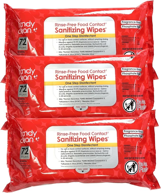 HandyClean Rinse-Free Food Contact Sanitizing Wipes Pouch, Multi Surface Cleaning Supplies for Kitchen and Professional Setting - 1 pack, 71 count