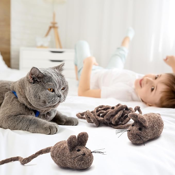 Glaciart One Felt Mouse Cat Toy – Soft Fuzzy Enrichment 100% Natural Wool - Interactive Catnip Play Cat Toy Set - Safe for Pets, Non-AZO Colored Dyes - 100” Long