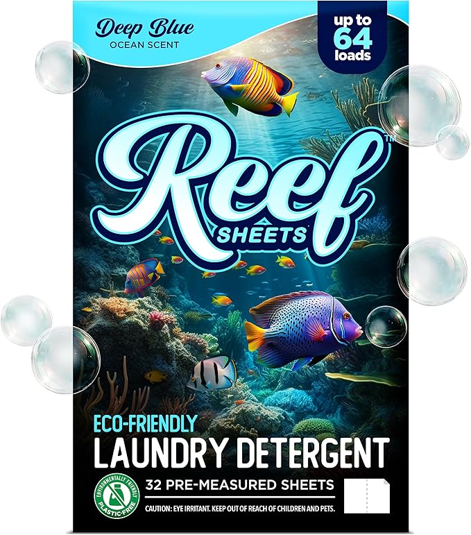 Reef Sheets Laundry Detergent Sheets, 64 loads, Hypoallergenic & Plastic-Free Eco-Friendly Packaging, Gentle on Skin, Tough on Stains, Travel-Friendly, Deep Blue Ocean Scent, 32ct
