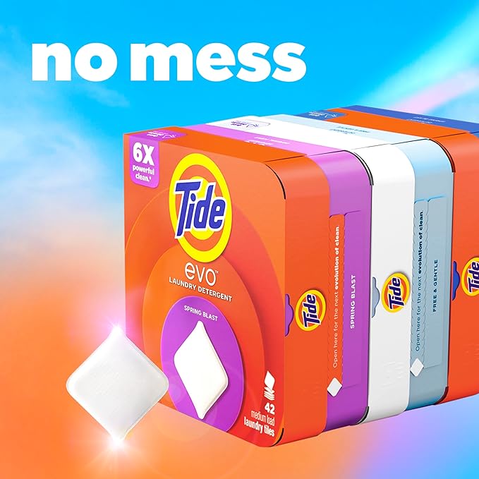 Tide evo Spring Blast Scent Laundry Detergent Fiber Tiles Works on 100% of Common Stains Safe for All Machines and Water Conditions Concentrated HE Compatible Clean and Instant Dissolve, 42 Count