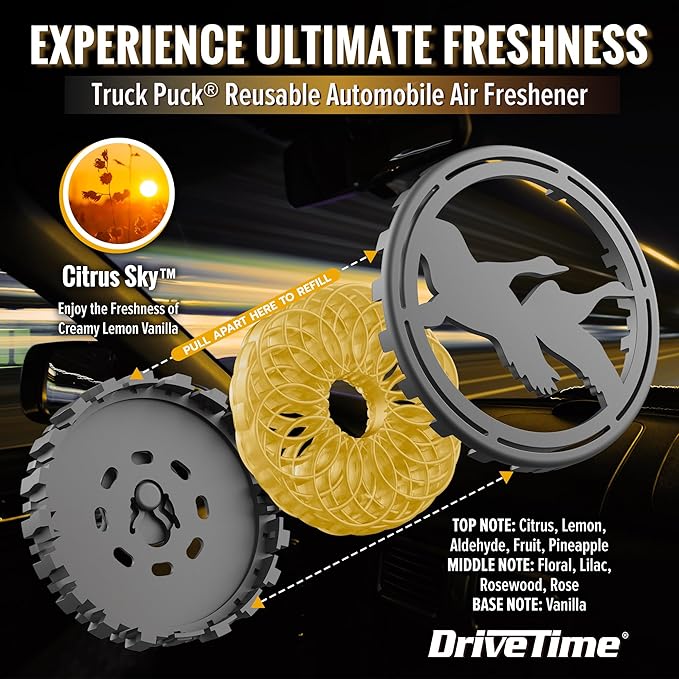 Drive Time Truck Puck Citrus Sky Fragrancee Car Air Freshener – Long-Lasting Car Deodorizer, Refillable Vent & Visor Clip Auto Air Freshener for Car, Truck & SUV, Premium Fragrance, Pack of 3