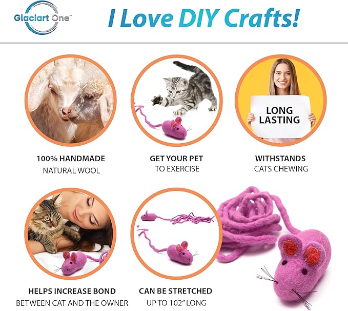 Glaciart One Felt Mouse Cat Toy – Soft Fuzzy Enrichment 100% Natural Wool - Interactive Catnip Play Cat Toy Set - Safe for Pets, Non-AZO Colored Dyes - 100” Long