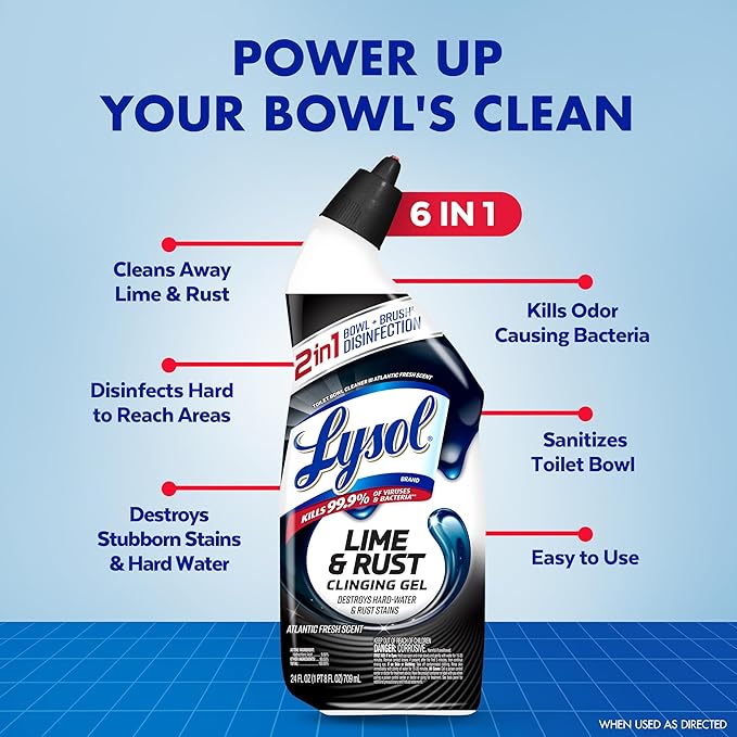 Lysol Lime & Rust Toilet Bowl Cleaner Liquid, For Limescale, Rust & Hard Water Stains, Septic Safe, Clinging Gel, Disinfects, Sanitizes & Deodorizes, Bathroom Cleaning Supplies, 24oz (2 Pack)
