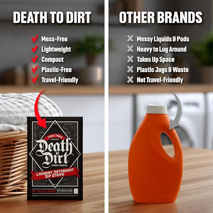 Death to Dirt Laundry Detergent Sheets, 192 Loads, Tough on Stains and Odors, Gentle on Skin and Fabric, Plant-Based & Eco-Friendly, Final Fresh Linen Scent, 32ct (3 Pack)