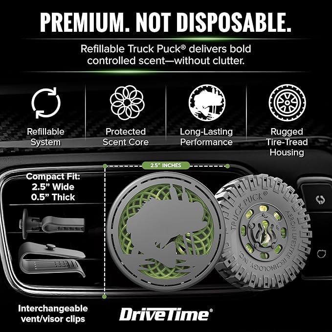 Drive Time Truck Puck Bamboo Rain Fragrancee Car Air Freshener – Long-Lasting Car Deodorizer, Refillable Vent & Visor Clip Auto Air Freshener for Car, Truck & SUV, Premium Fragrance, Pack of 3