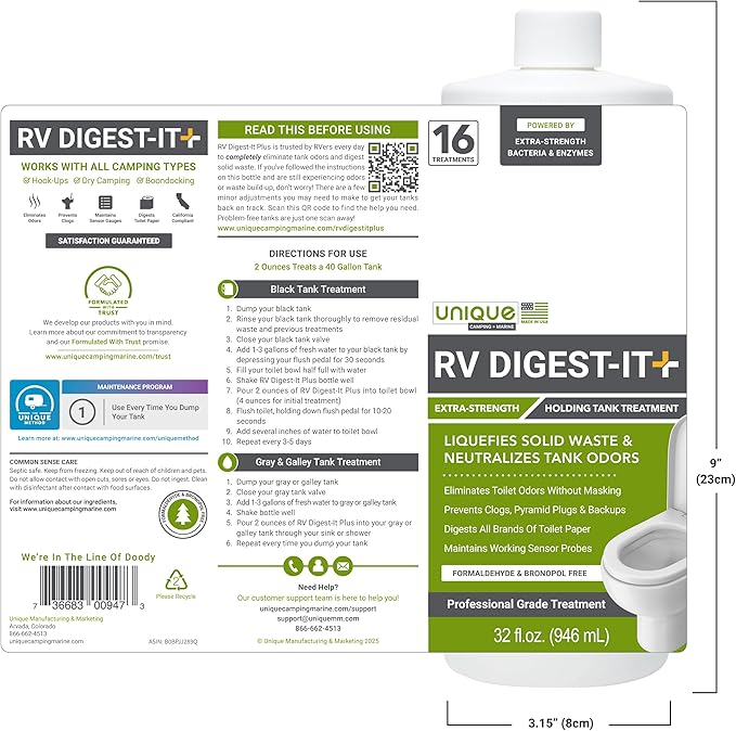 Unique RV Digest-It+, 16 Extra-Strength RV Toilet Treatments - Liquifies Waste and Toilet Paper - Odor Eliminator (32 oz)