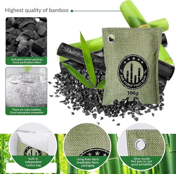 2 Bags Natural Air Purifying Bag | Bamboo Charcoal Odor Absorber for Home & Car | Closet Odor Eliminator, Small Room Deodorizer & Car Air Freshener | Charcoal Bags (100g light green, Unscented)
