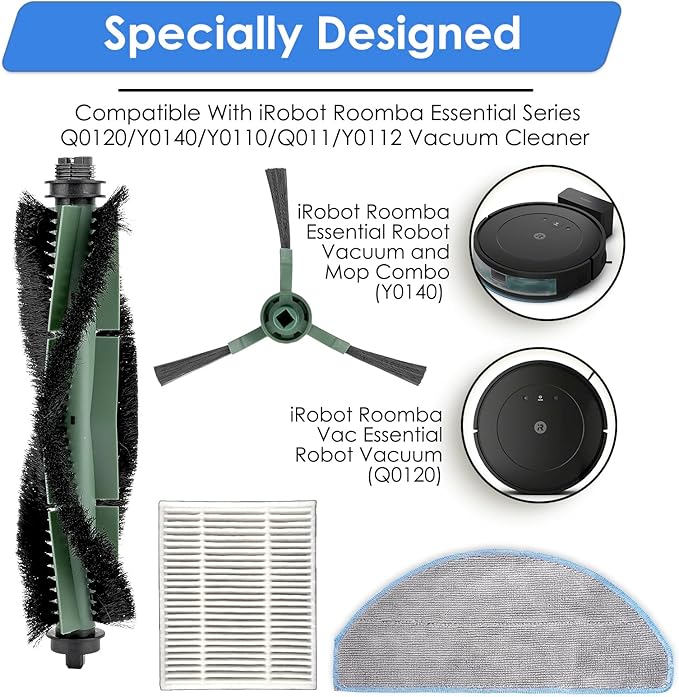 (33 Pack) Roomba 104 Y0140 Replacement Parts for iRobot Roomba Robot Vacuum and Mop Combo Y0110, Vacuum 2 Essential Q0520, Roomba 105 Combo,12 Filters, 12 Side Brushes, 6 Mop Pads, 3 Roller Brushes