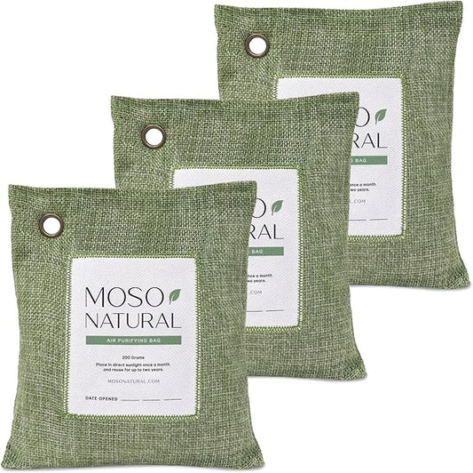 Moso Natural Air Purifying Bag 200g (3 Pack). A Scent Free Odor Eliminator for Cars, Closets, Bathrooms, Pet Areas. Premium Moso Bamboo Charcoal Odor Absorber. Two Year Lifespan! (Green)